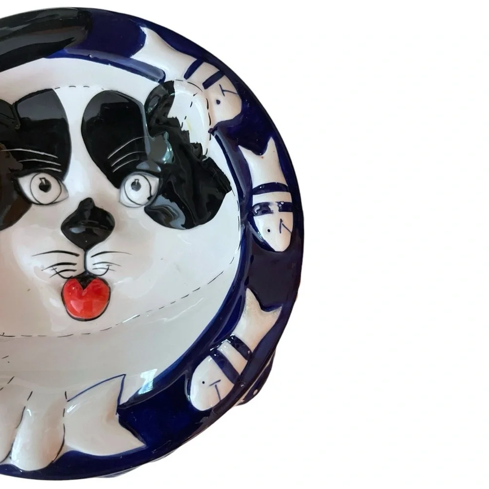 NEW Vtg Baum Bros. Hand Painted Ceramic 3D Fish & Paws Kitty Cat Food/Dish Bowl